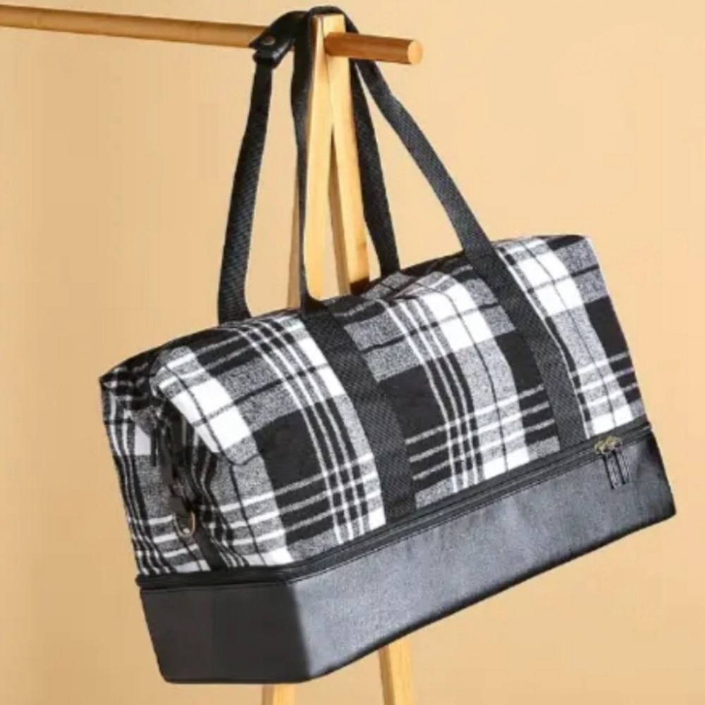 NEW Plaid Weekender Bag with Bottom Compartment in Black & White New w/Tag
